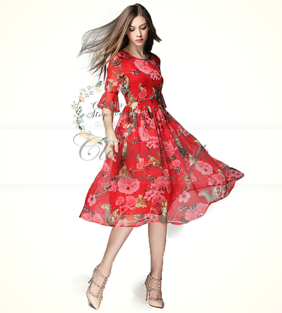 Beautiful Fall Midi Dress with Red ...
